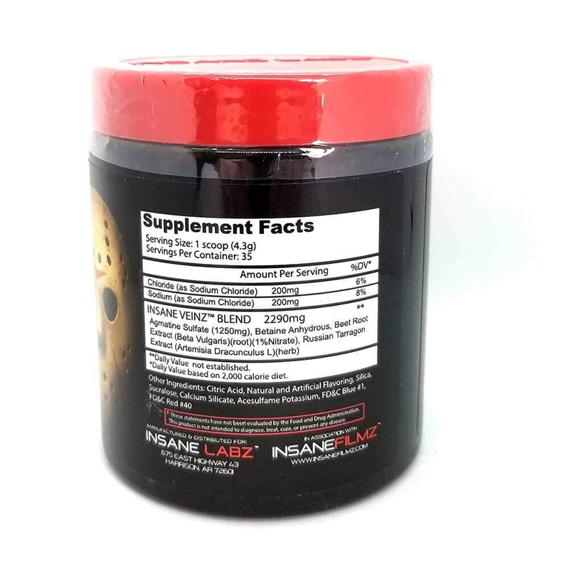 INSANE LABS INSANE VEINS NO STIM PUMP BASED PRE WORKOUT SERVINGS MULTIPLE FLAVORS SUPPLEMENT FACTS
