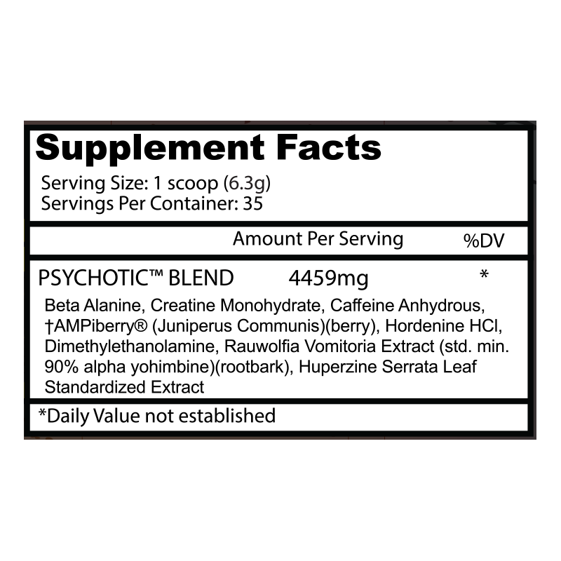 INSANE LABS PSYCHOTIC PRE WORKOUT SERVINGS MULTIPLE SERVINGS SUPPLEMENTS FACTS